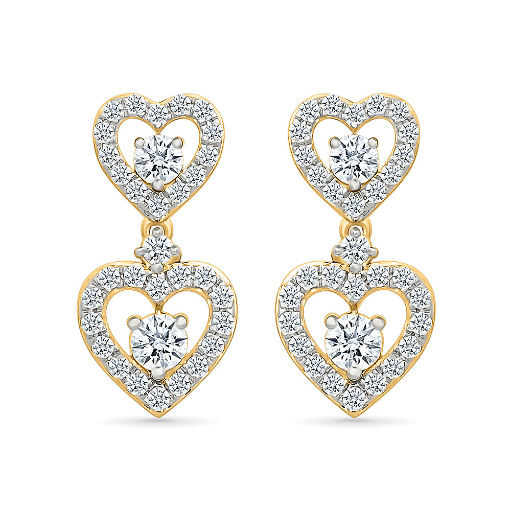 Double Heart Diamond Drop Earrings